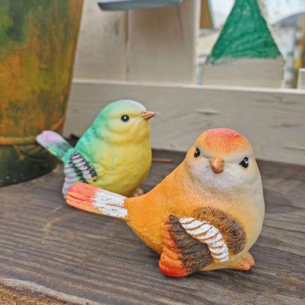 2pcs Resin Simulation Birds Figurine Mini Bird Sculpture Parrot Statue Home Decoration