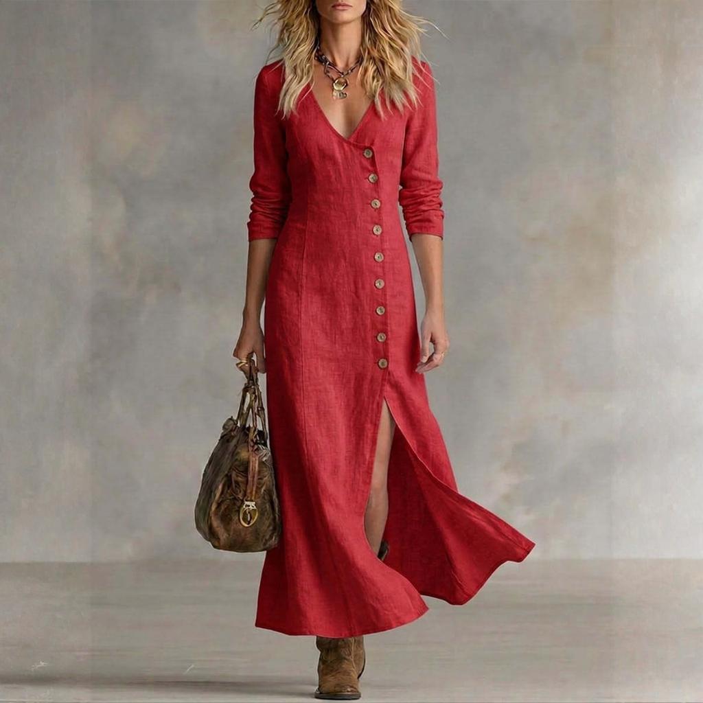 Women's Fashionable Casual Cotton-Linen Long-Sleeve Button-Down Dress