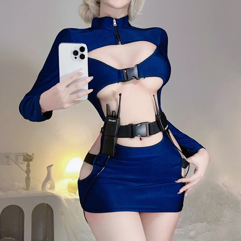 Sexy Exotic Costumes Sexy Lingerie Nightclub Women Police Uniform Double Zipper Free Open Crotch Cospaly Outfit Sexy Skirt Dress