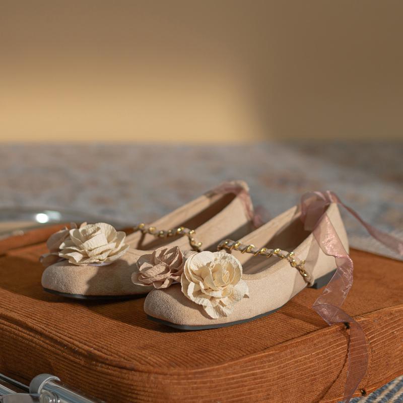 Dry Rose Camellia Princess Shoes Square Head Ballet Straps Girls Single Shoes Flat Fairy Bridesmaid Shoes Mary Jane