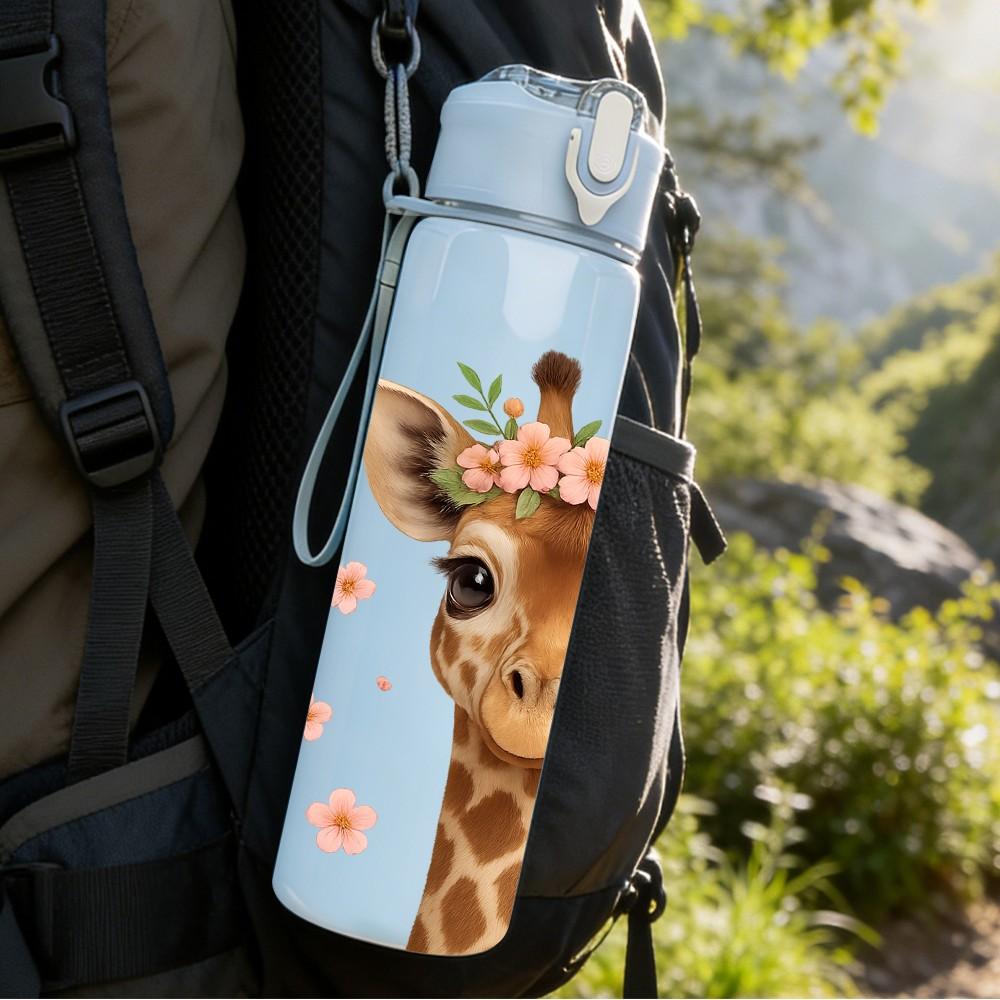 1PC Cute Giraffe Head Portrait 750ml Color Plastic Sports Water Bottle Leakproof Flip Straw Lid For Sports Office Home Use