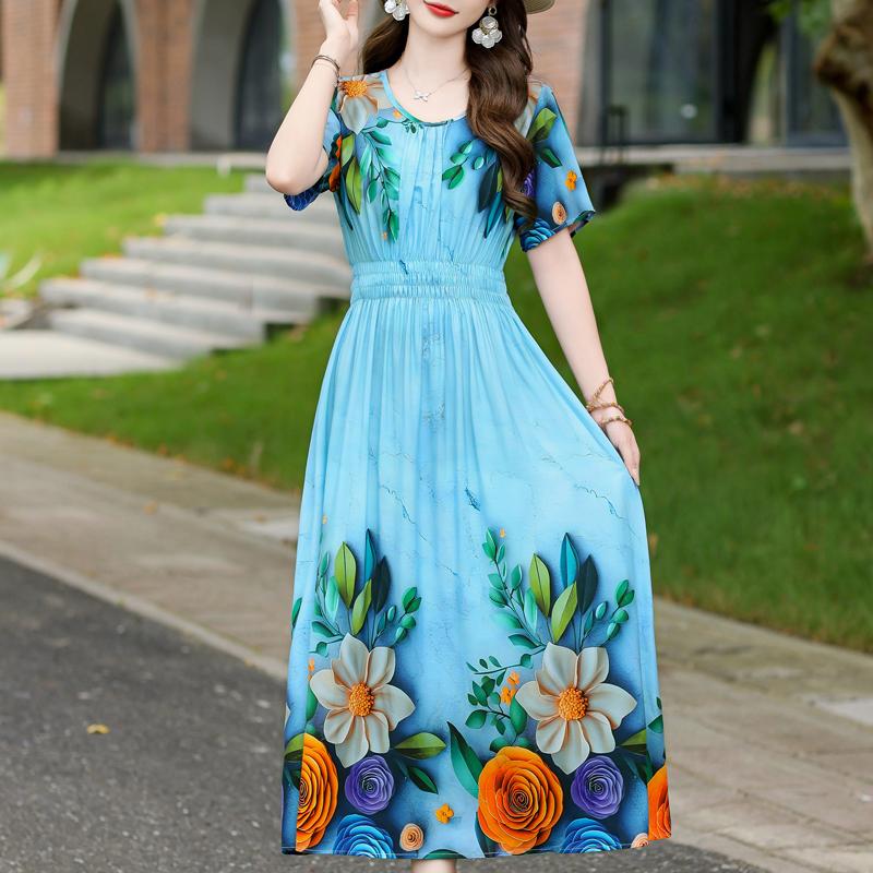 Elegantes Damenkleid Sommer Vintage Kleidung Lässig Kurzarm Lange Kleider