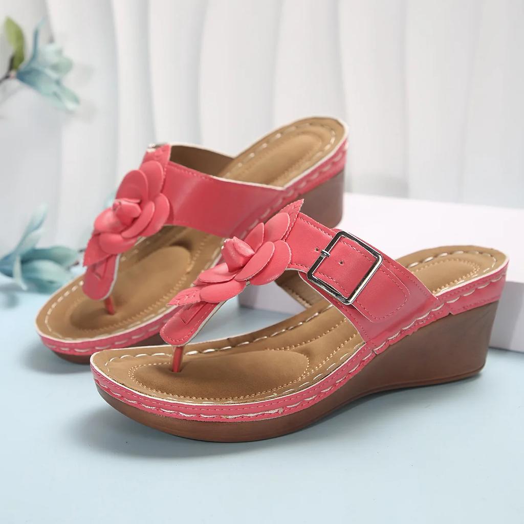 Fashion New Arrival Women Summer 2024 Flower Wedge Slippers Outdoor Casual Pinch Toe Comfortable Heeled Thong Sandals Sandalia Feminina