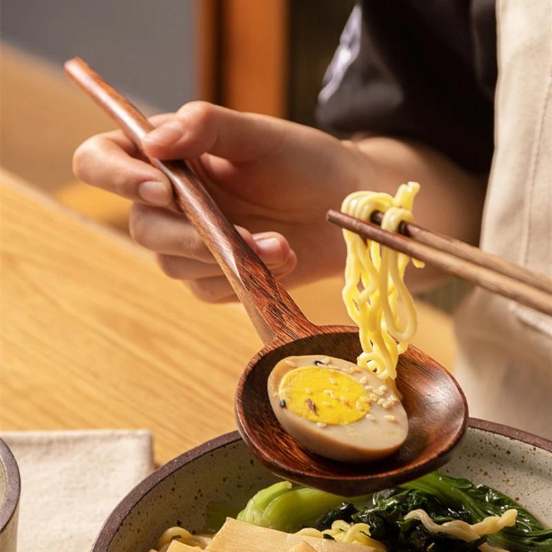 Natural Japanese Ramen Wooden Spoon New Long Handle Soup Spoon Coffee Milk Teaspoon Scoops Kitchen Tableware Home Cooking Tools