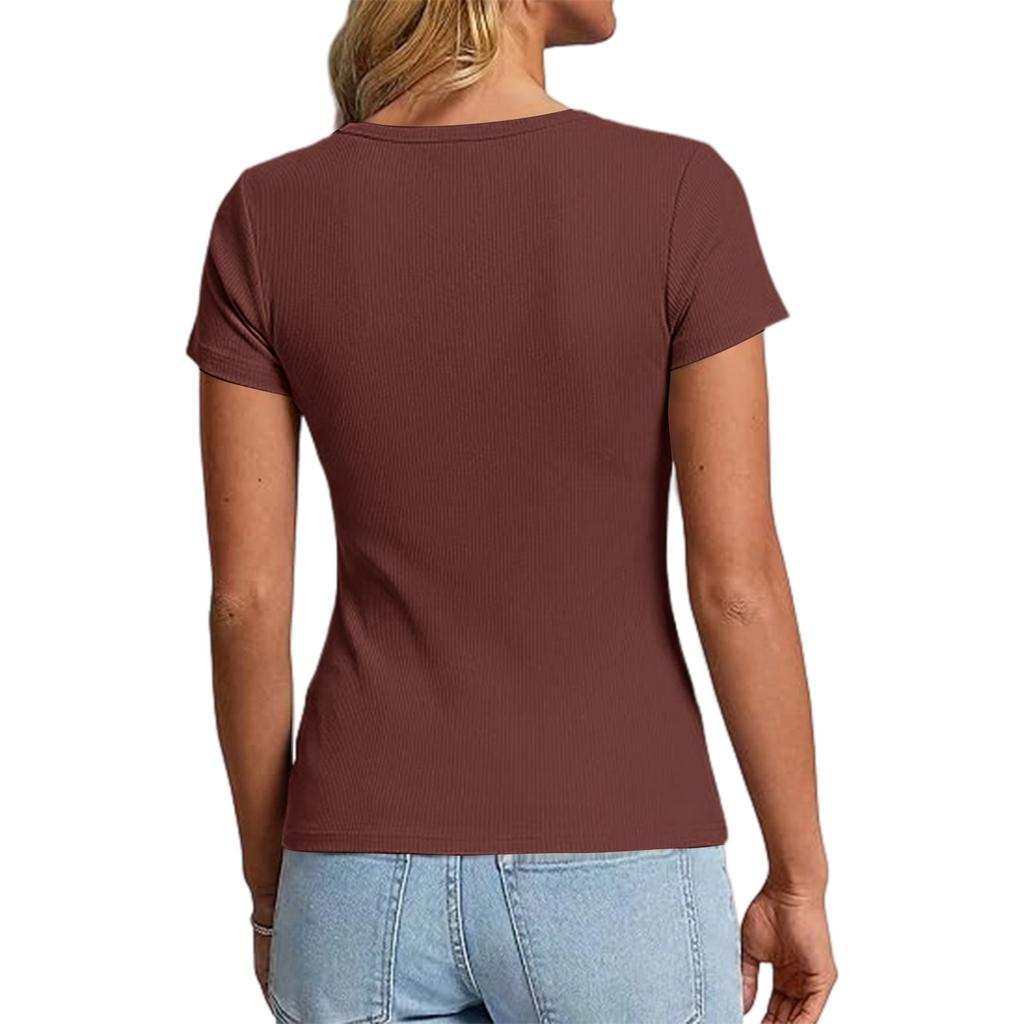 Women's Fashion Casual Color New Short-Sleeved Decorative Button V-Neck T-Shirt Top