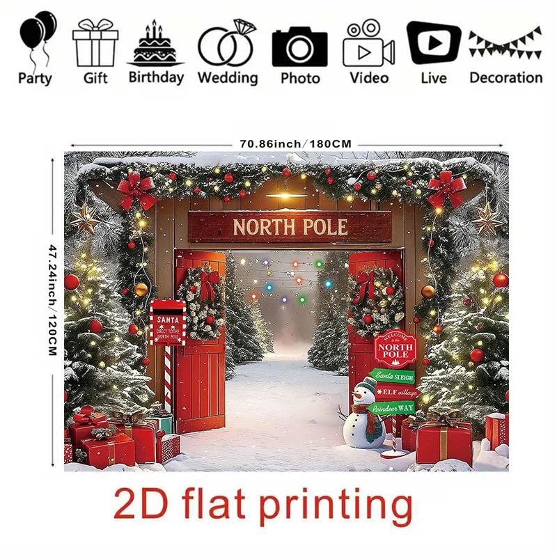 2D flat polar Christmas background fabric, 1 piece, featuring a Christmas man workshop archway, a snowman and an elf doorZL