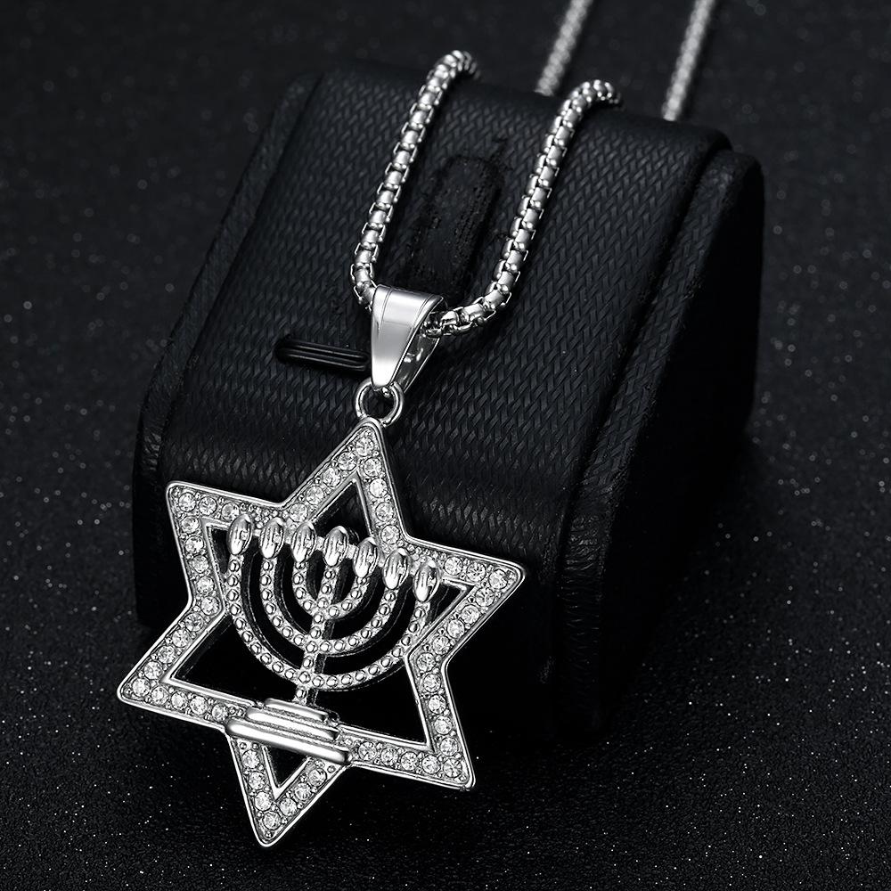 Zirconium Hexagonal Star Pendant Titanium Steel Hip Hop Men Necklace European American Middle Eastern Style Jewelry