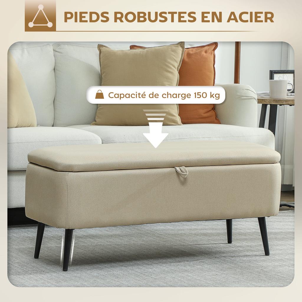 Baú de Armazenamento com Assento 2 em 1 em tecido com pernas de aço preto 102 x 40 x 39,5 cm bege