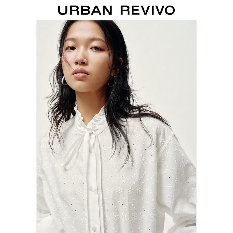 UR 2026 Spring Urban Ruffle Embroidered Tie-Front Blouse