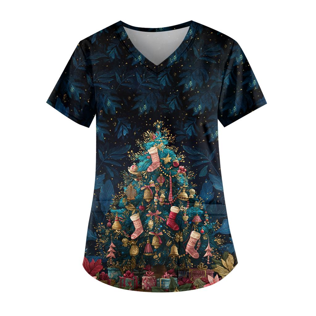 Ladies' Fashionable V-neck Pocket Short Sleeved Christmas Tree Printed Caregiver Uniform