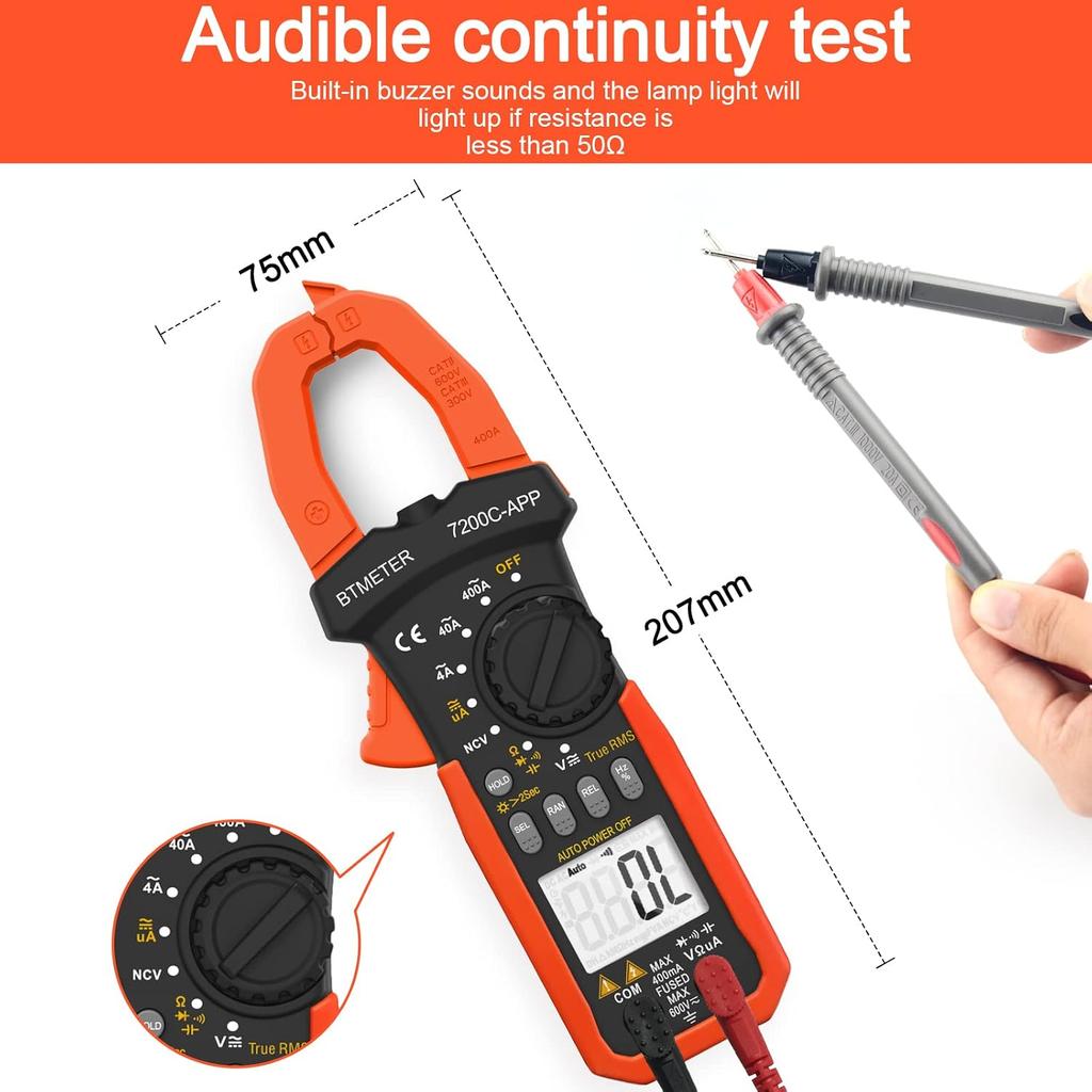 BTMETER BT-7200CAPP Digital Clamp Meter Auto Range 4000 TRMS AC DC Voltmeter Ammeter Ohm Capacitance Frequency Tester with Data Export Mini Multi