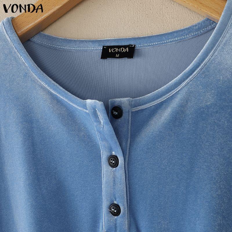 VONDA Autumn Women Casual Long Sleeve Loose Fit Velvet Henley Blouse Pullover Tops