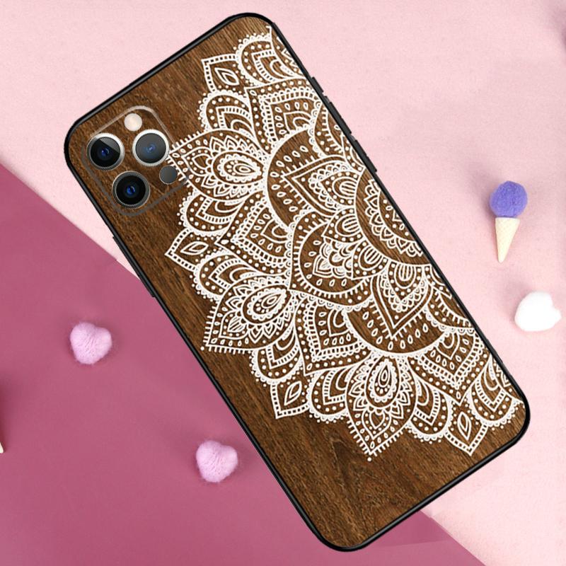 Mandala Floral Wood Phone Case For iPhone 17 Pro Max 11 14 15 16 Pro Max Plus 13 12 Mini 16e 17 Air Back Cover