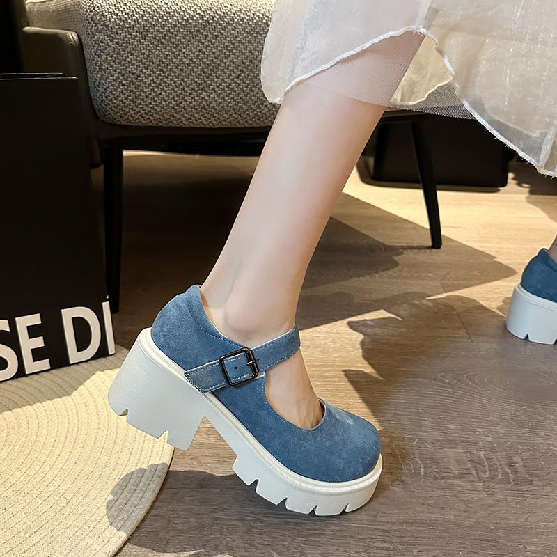 

Модные осенние женские туфли Мэри Джейн из флока на толстой подошве и квадратном каблуке, женские туфли в стиле Харадзюку на толстом каблуке, японские одинарные туфли 2025, туфли-лодочки 43 небесно-голубой