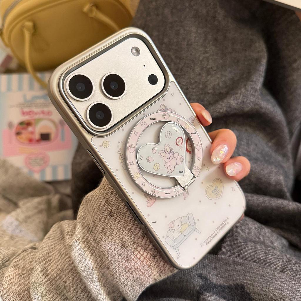 Creative Cartoon Case for iPhone 16/15/13 Pro Max: Magnetic Bracket, Electroplated, Korean Design