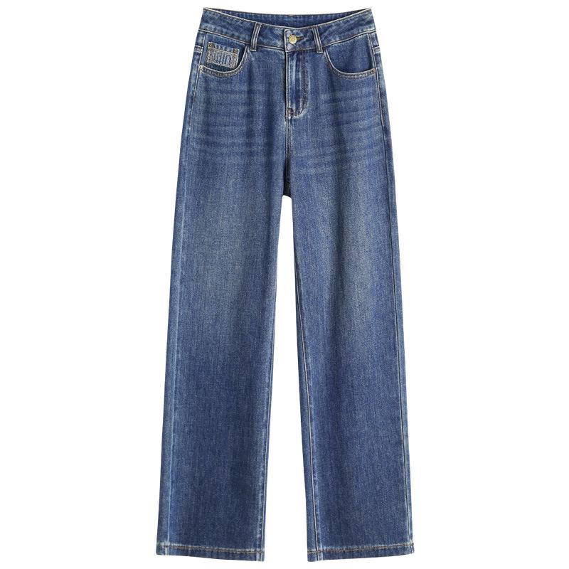 Spring 2026 Women's High-Waisted Slimming Velvet Embroidered Jeans - Wide-Leg, Casual, Straight Fit