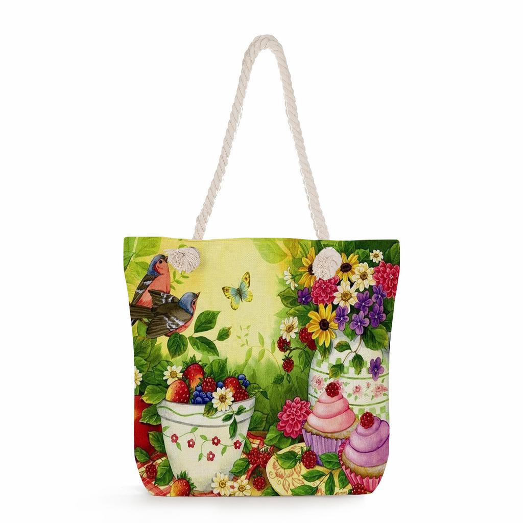 Flower Bird print thick rope single-shoulder beach bag 7272 CLE