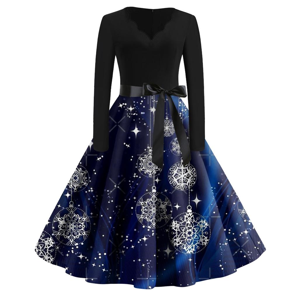 Kvinners avslappet mote langermet juleprintet vintage lange kjoler