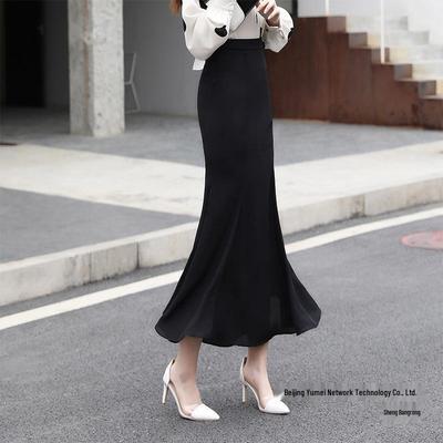 High Waist Black Fishtail Midi Skirt - Drapey, Bodycon Spring/Summer 2025 Fashion