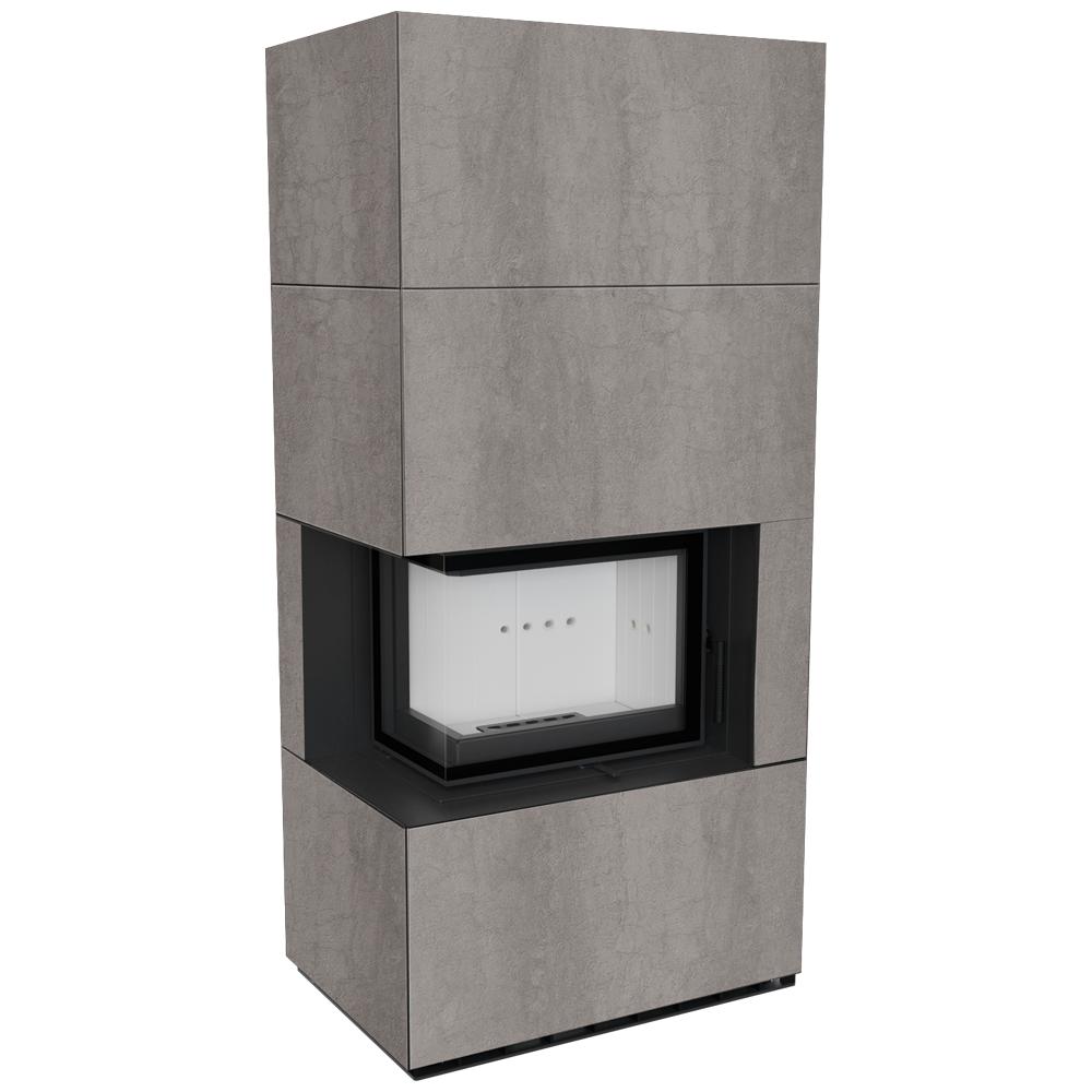 Modular fireplace KRATKI FLOKI BOX left 8 kW Ø 160 quartz sinter NATURALI PIETRA DI SAVOIA GRIGIA BOCCIARDATA