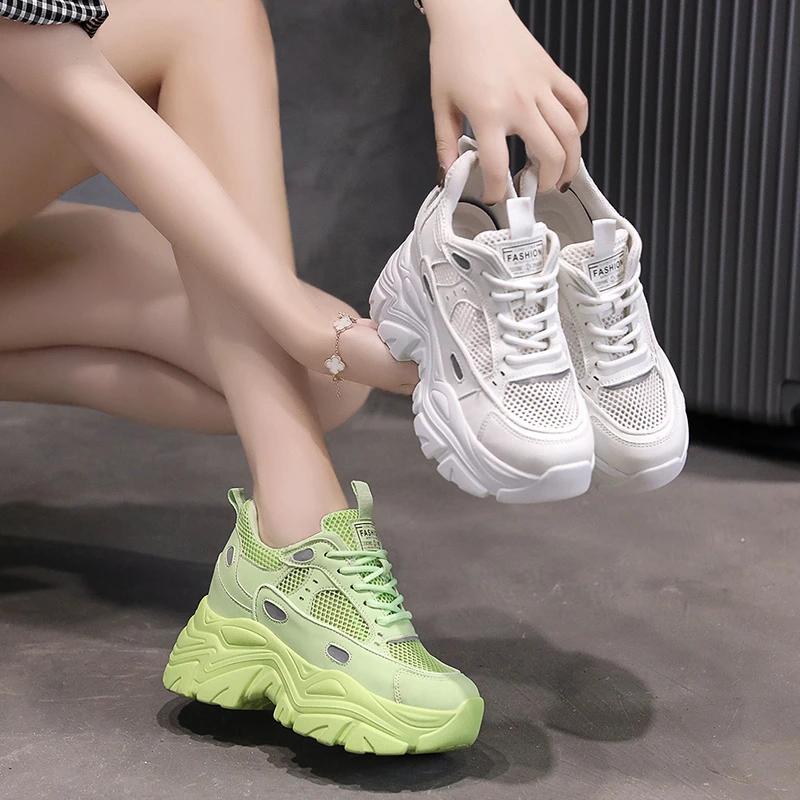High Platform Women Sneakers Spring Stylish Thick Sole Casual Shoes 9CM Breathable Mesh Walking Shoes Woman Zapatos Mujer