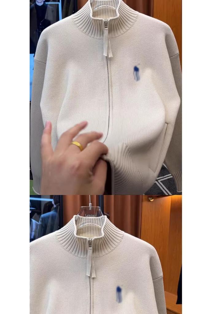 Men's Embroidered Knit Zipper Cardigan: Stand Collar, Loose Fit, Long Sleeve, Casual Spring/Autumn Sweater Jacket
