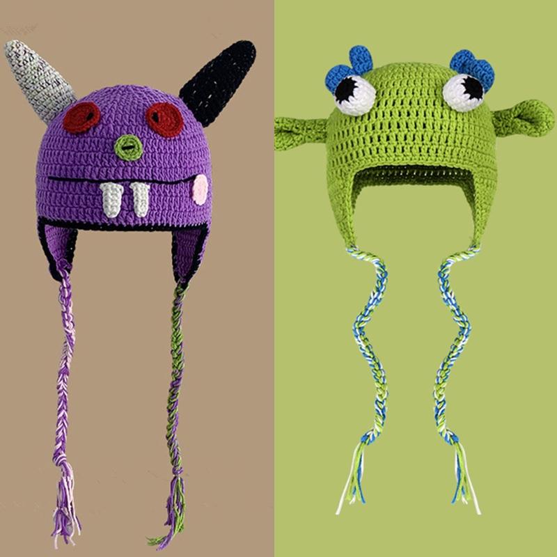 Adult's Cartoon for Monster Shape Knitted Hats All-match Hat Warmer Knitted Cosplay Cap Winter Holiday Gifts for Unisex