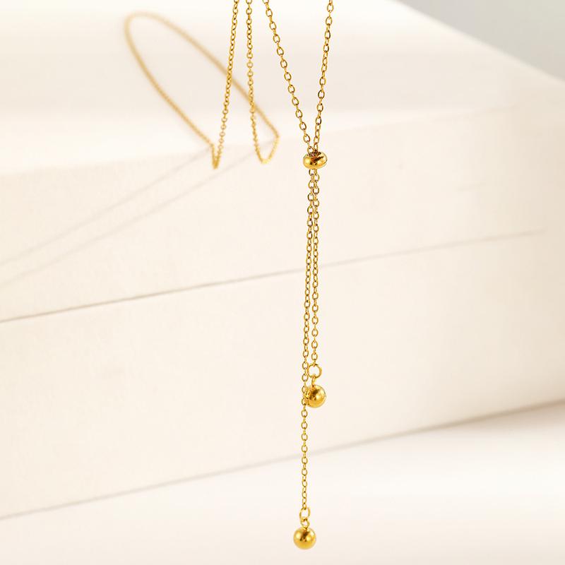 Korean Stainless Steel Y-Shaped Long Tassel Pendant Necklace for Women Simple Metal Ball Adjustable Sweater Chain Jewelry Gift