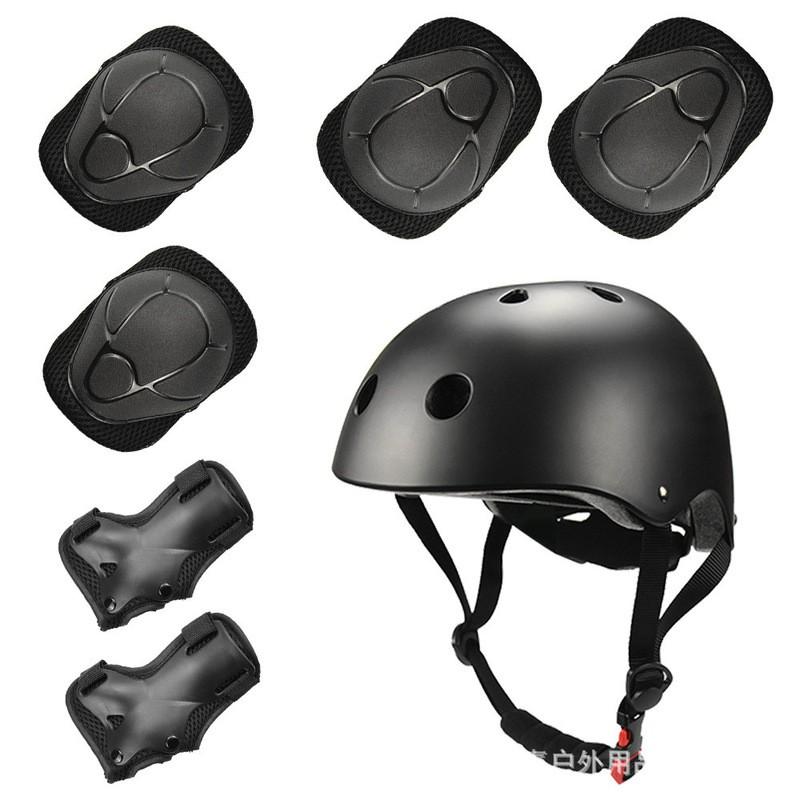 Kids Cycling Protective Gear Set 7-Piece Safety Equipment Including Helmet Elbow Knee Wrist Pads Skateboarding Scooter Riding Black 7-piece set includes helmet