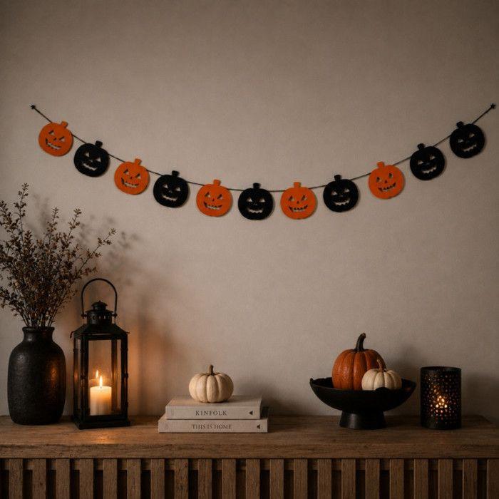 Decorative Garland - SIROCO - 3 M - 8 Pumpkins 17 Cm - Orange and Black - Reusable