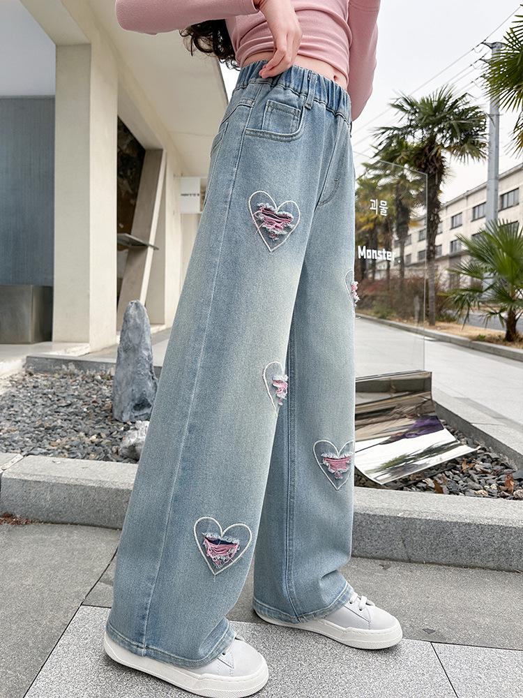Girls' Loose Wide-Leg Jeans - Korean Style, Spring/Autumn Fashion, Casual Straight Leg Pants for Middle & Big Kids
