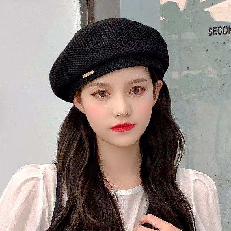 

Берет женский весна/лето тонкий сетчатый лен корейский выпуск ретро британский берет шляпа художника шляпа чёрный
