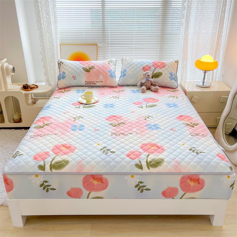 Floral Fitted Sheet Queen Size Bed Cover Thicken Bedsheet Quilted Mattress Protector Tampa De Colchão (Pillowcase Need Order)