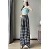 Summer Women's Plaid Wide-Leg Hemp-Like Trousers, High-Waist Comfortable Loose Straight-Leg Floor-Length Pants