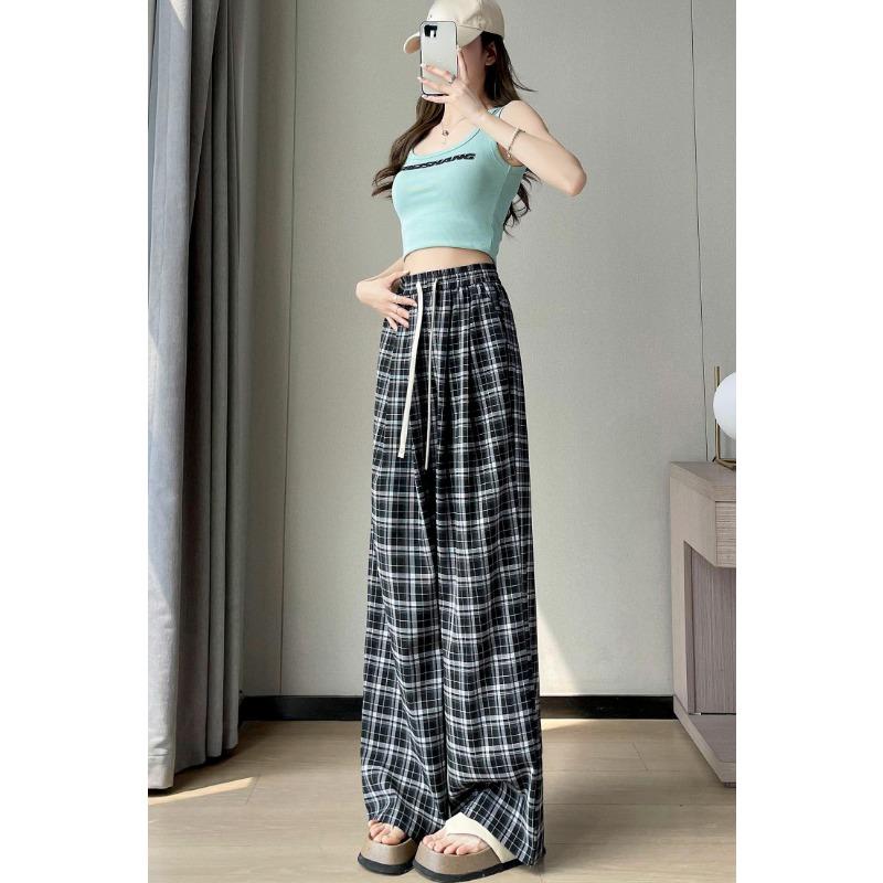 Summer Women's Plaid Wide-Leg Hemp-Like Trousers, High-Waist Comfortable Loose Straight-Leg Floor-Length Pants
