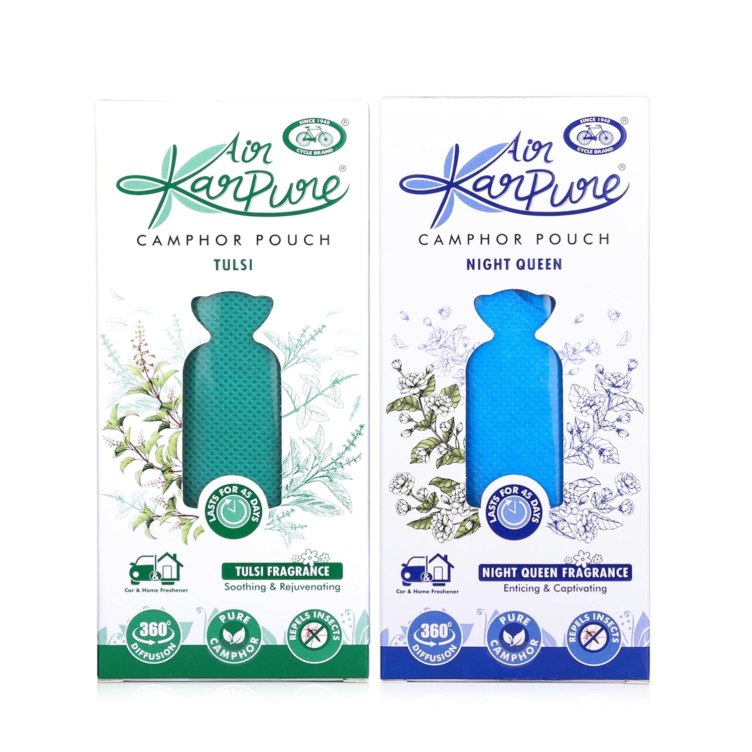 

Cycle Pure Karpure Камфорные мешочки Упаковка из 2 штук 60 г для дома, офиса, автомобиля | (Ночная королева, Тулси )Освежитель воздуха действует 45 дней, многоцелевое использование