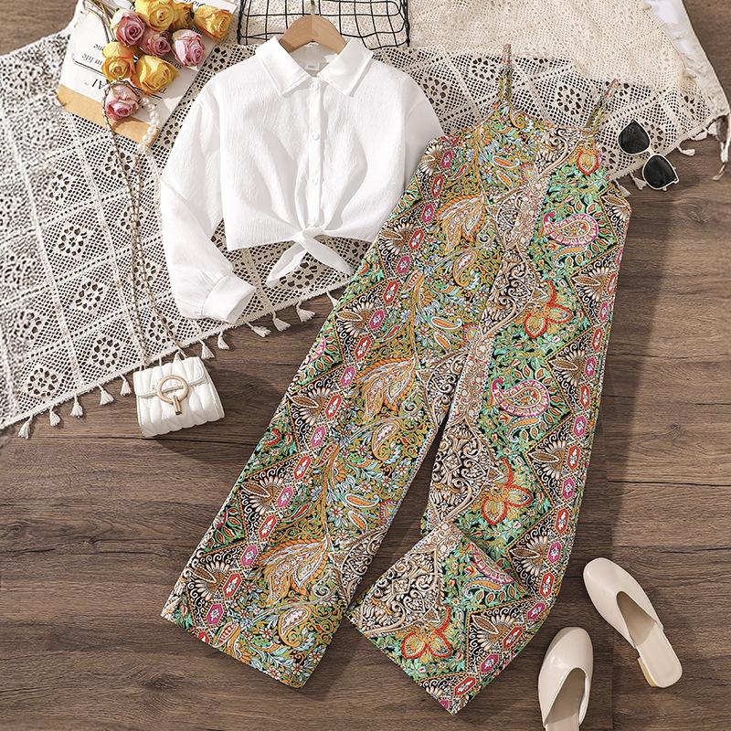 

Комплект для девочек Осенняя детская рубашка с длинным рукавом, Повседневный комбинезон с ретро-принтом на бретелях и прямыми штанинами 170cm=12Y