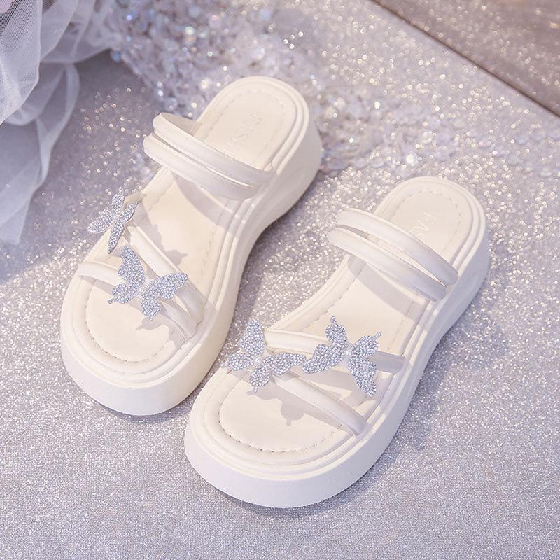 Rhinestone bow heightened thick-soled cool slippers female summer wear 2025 new fairy style with skirt two wear sandals