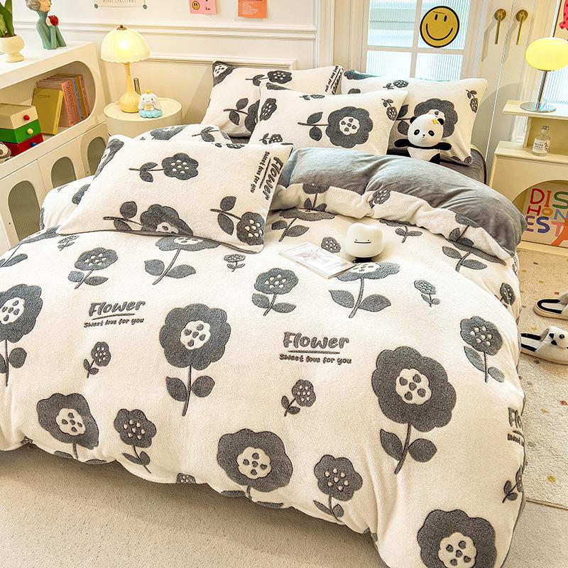 Winter Milk Fleece Bedding Four-piece Set Double-sided Fleece Thickened Sheets Quilt Cover Pillowcase