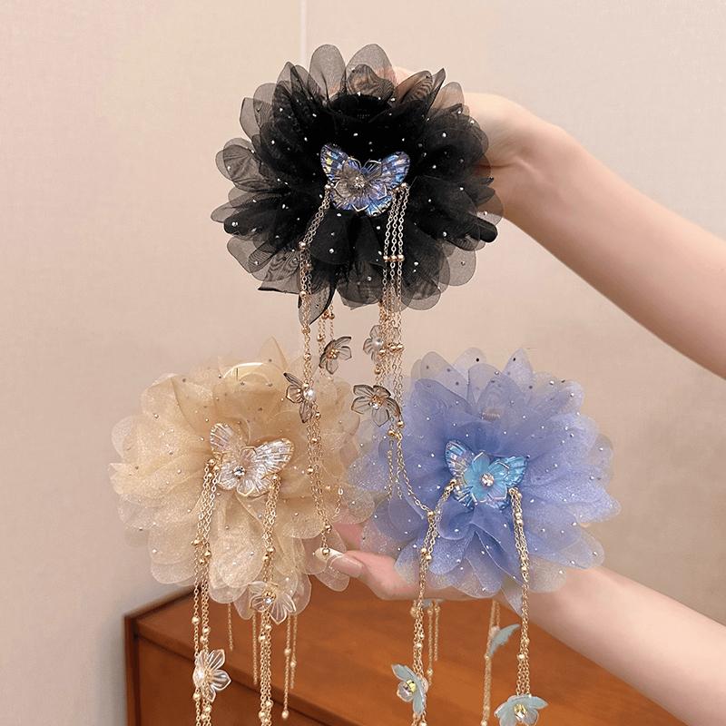 Fashion Mesh Butterfly Flower Tassel Grasping Clip For Women Ponytail Barrettes Headwear Hair Accessories
