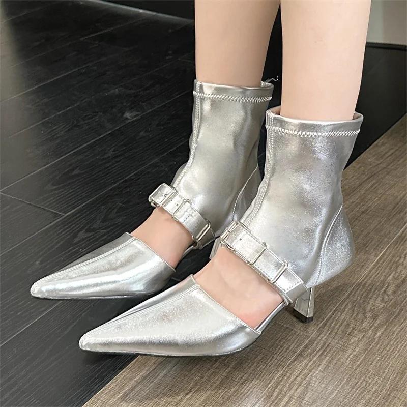 Eilyken Street Design Belt Buckle Hollow Out Women Ankle Boots Sandals Pointed Toe Thin Low Heels Ladies Shoes