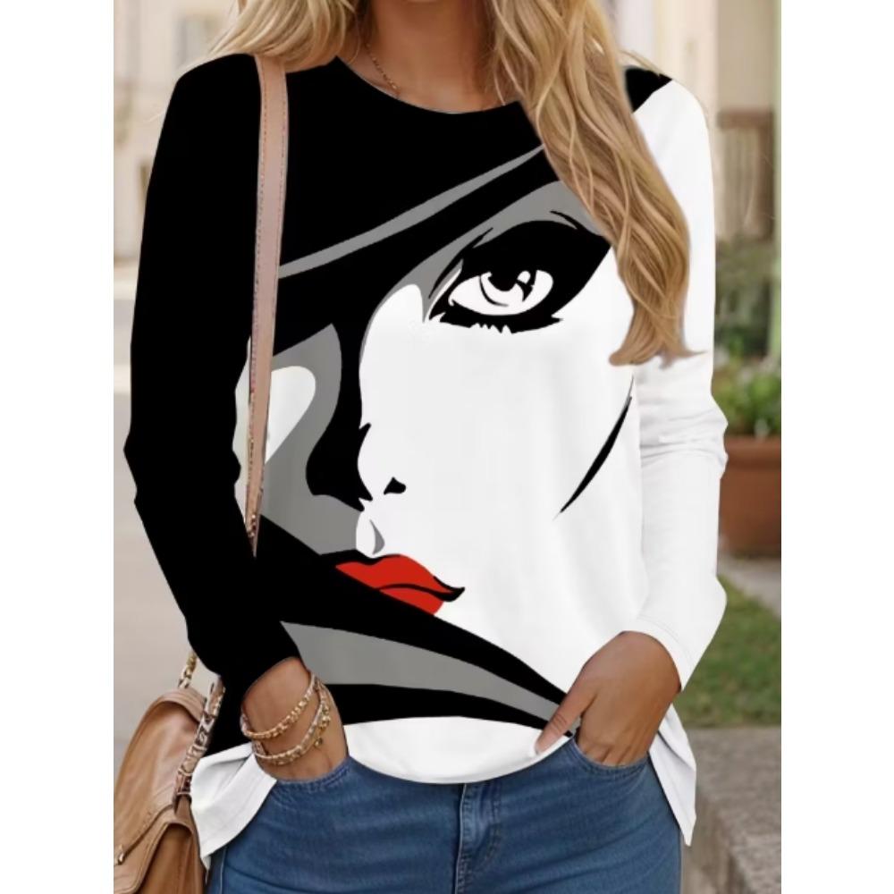Ladies' Casual 3D Printed Striped Long Sleeved T-shirt - Round Neck Loose Fit