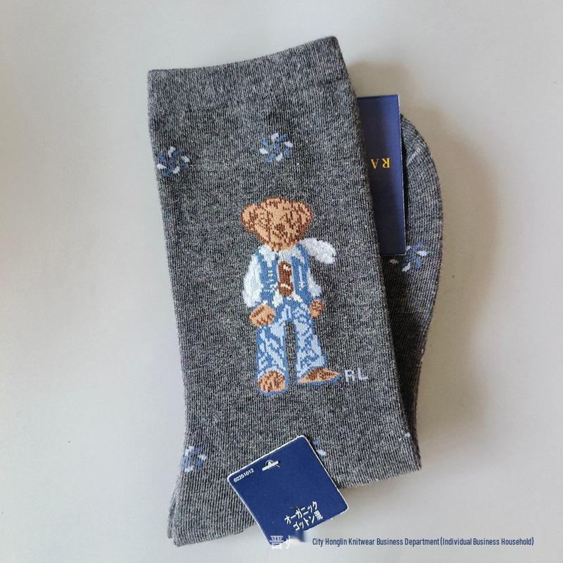 Trendy Little Bear Mid-Calf Women's Cotton Socks for Spring and Autumn