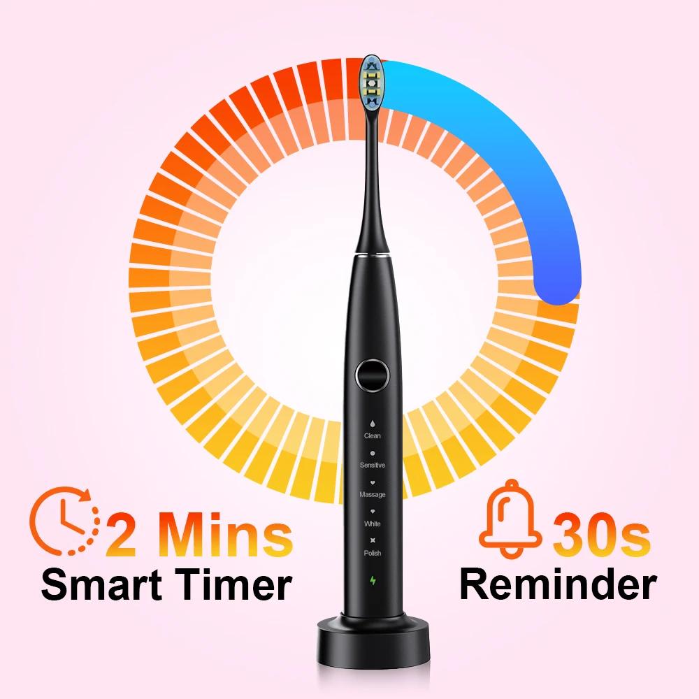 Sarmocare Electric Sonic Toothbrush with 6 Pcs Replacement Heads Rechargeable Waterproof Oral Care Electronic Tooth Brushes