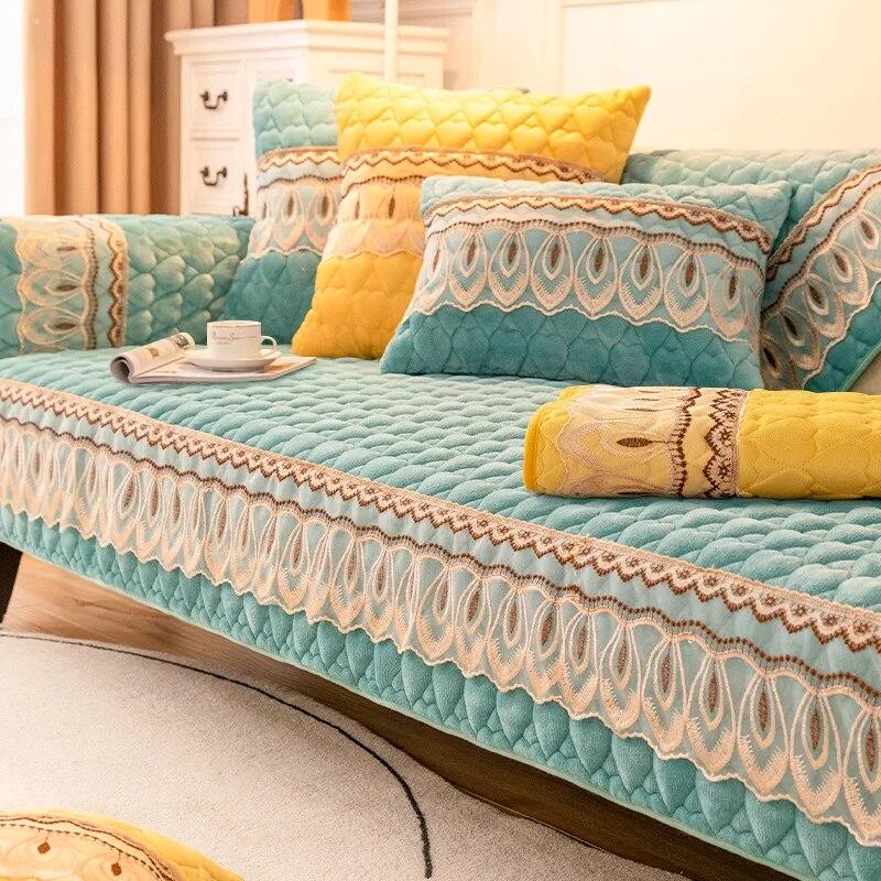 Winter Warm Sofa Cover Non-slip Plush Lace Sofa Cushion Universal Sectional Couch Cover Anti-dirty Sofa Towel for Living Room