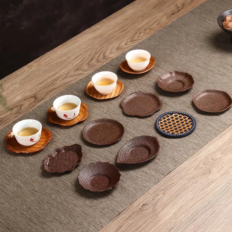 Handgeweven Theekoponderzetter Chinese Retro Bamboe Hittebestendig Kussen Creatief Mini Fruitbord Zen Theekop Rustplaats Theeservies Accessoire