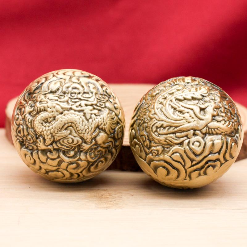 Brass Dragon & Phoenix Walnut Handballs: Retro Finger Exercise Copper Balls (Pair)
