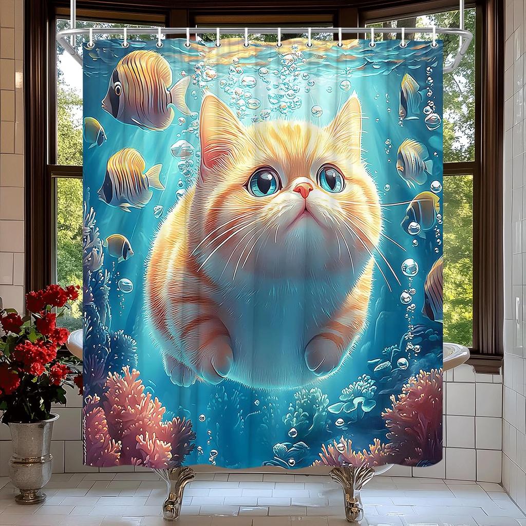 Funny Ocean Cat Shower Curtain Cute Orange Kitten Swimming and Fish in Sea Underwater World Coral Animal Lovely Pets Curtain