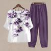 Lady Blue Floral Print Suit Temperament Round Neck Three Quarter Sleeve Wide Leg Pants Casual And Comfortable Two Piece Set