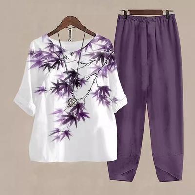Damen Blau Floral Print Anzug Temperament Rundhals Dreiviertelärm Weite Hosen Lässig Und Bequem Zweiteiliges Set